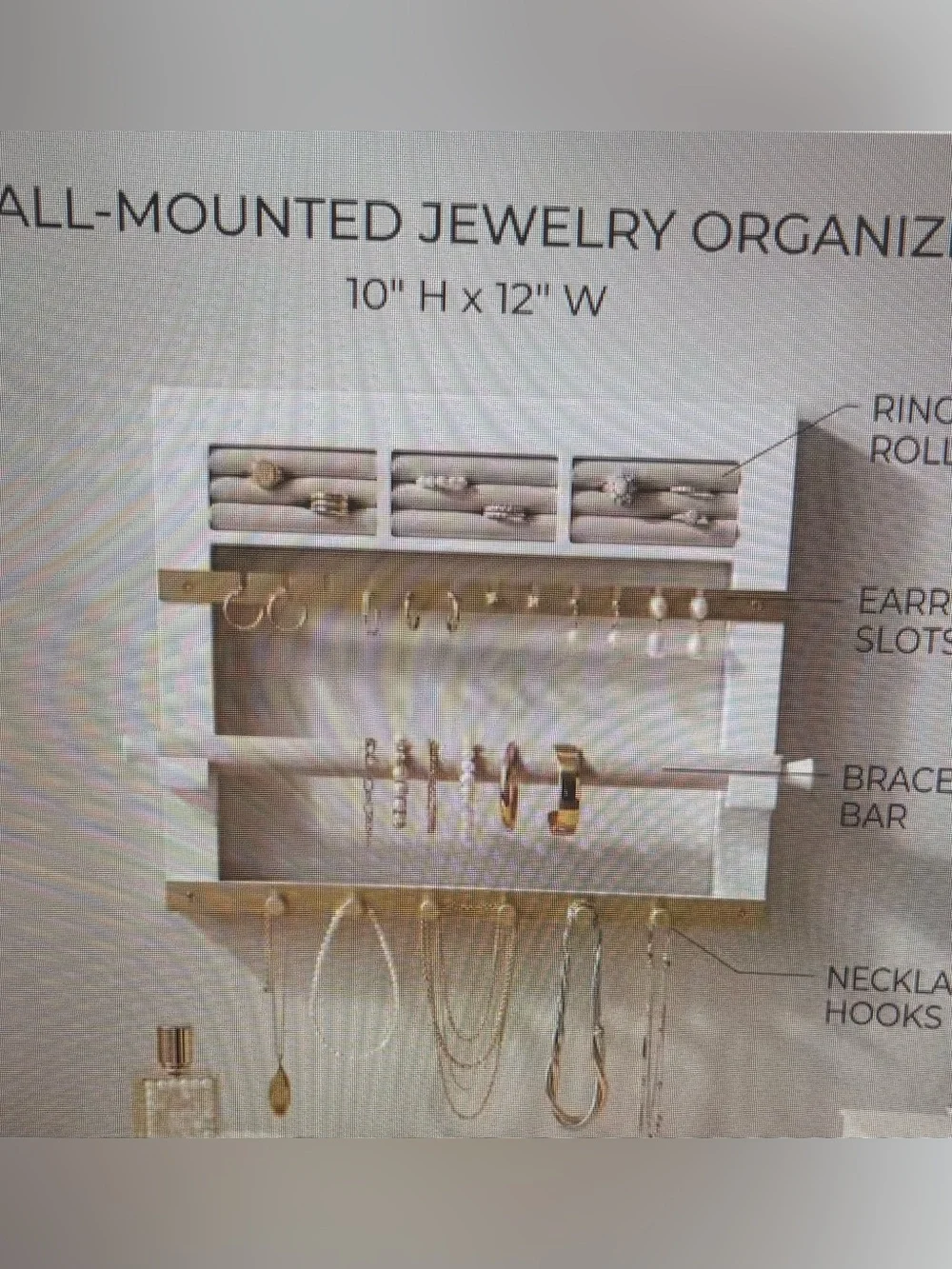 May White Jewelry organizer Armoire10x12x1 wall mount w/ hooks white gold wood